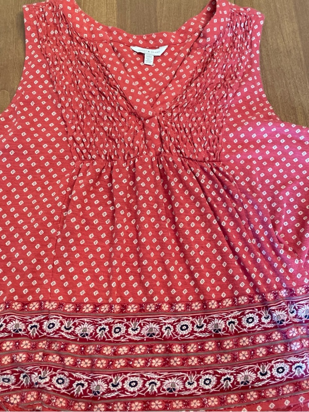 Lucky Brand size medium Women’s Red Printed Sleeveless Smocked Yoke Top